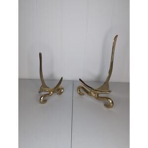 Pair of Solid MCM Vintage Brass Plate Holder, Picture Stand 7" Tall & 9.5" Tall